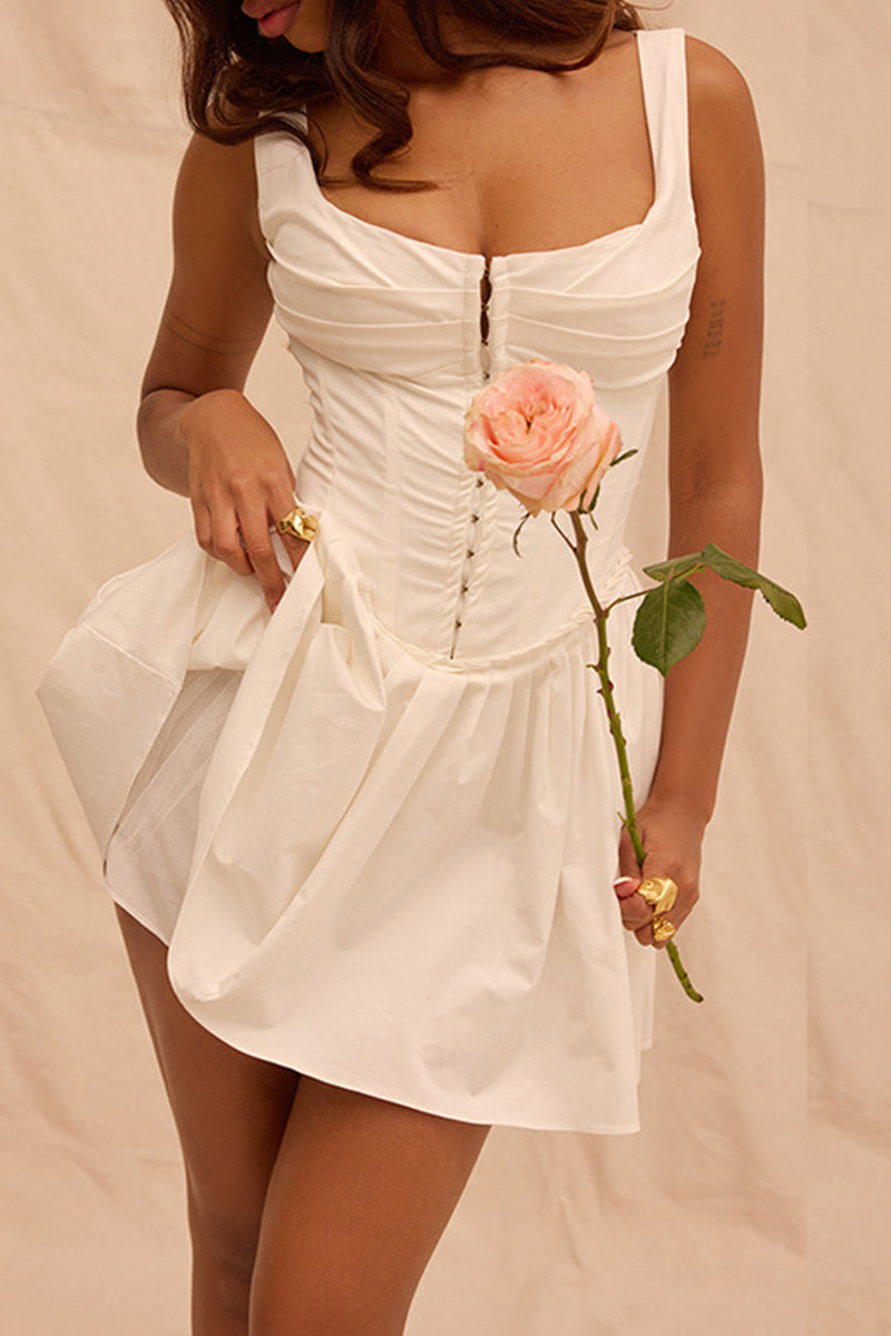 Sexy Solid Color Buckle Square Neck Sleeveless Dresses