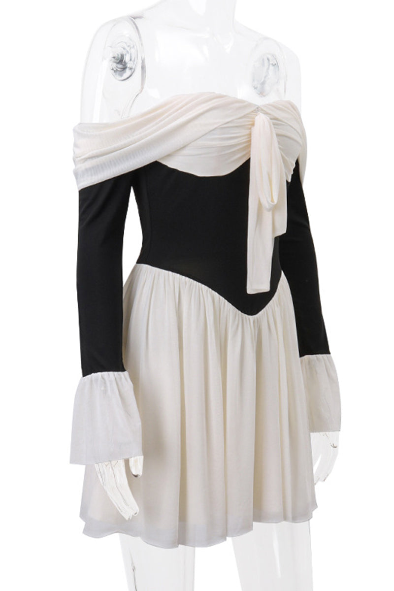 Sexy Backless Contrast Off Shoulder Waist Skirt Dresses