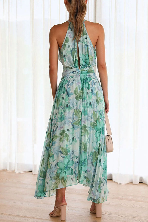 Women's Halter Neck Sleeveless V Neck Print Fashion This Swing Maxi Dress