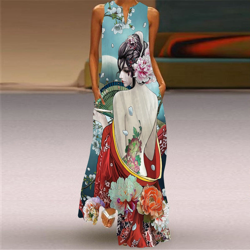 Women's Retro Print V-neck Multicolor Sexy Sleeveless  Maxi Dress