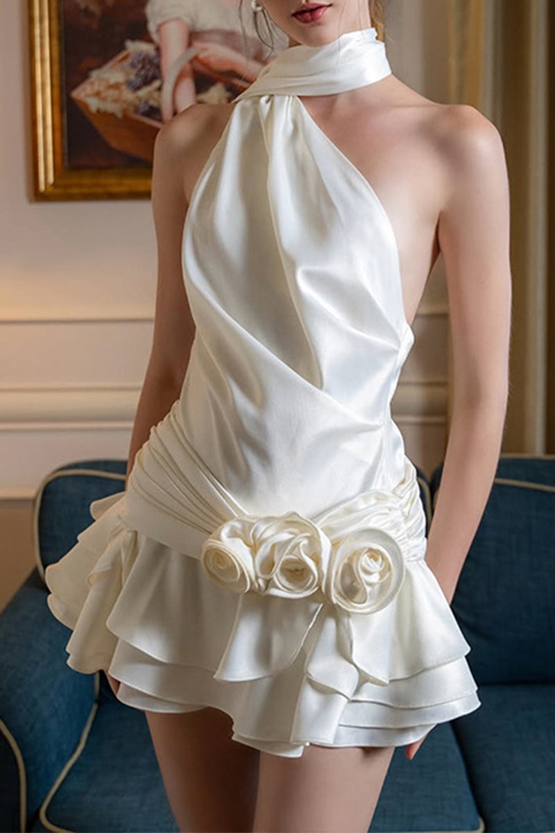 Sexy Backless Flounce Flower Shape Halter A Line Dresses