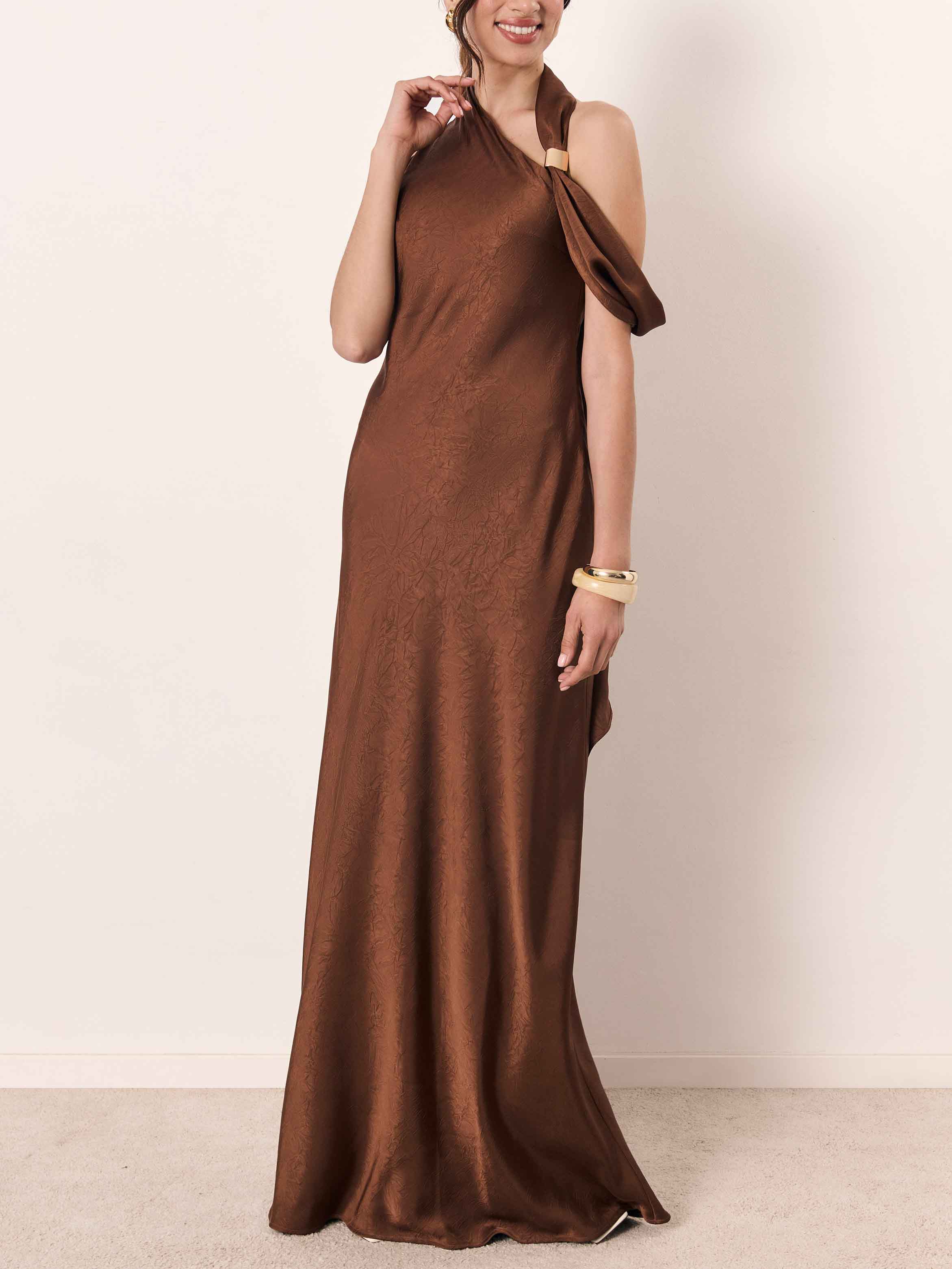 Elegant Bronze One-Shoulder Satin Maxi Dress