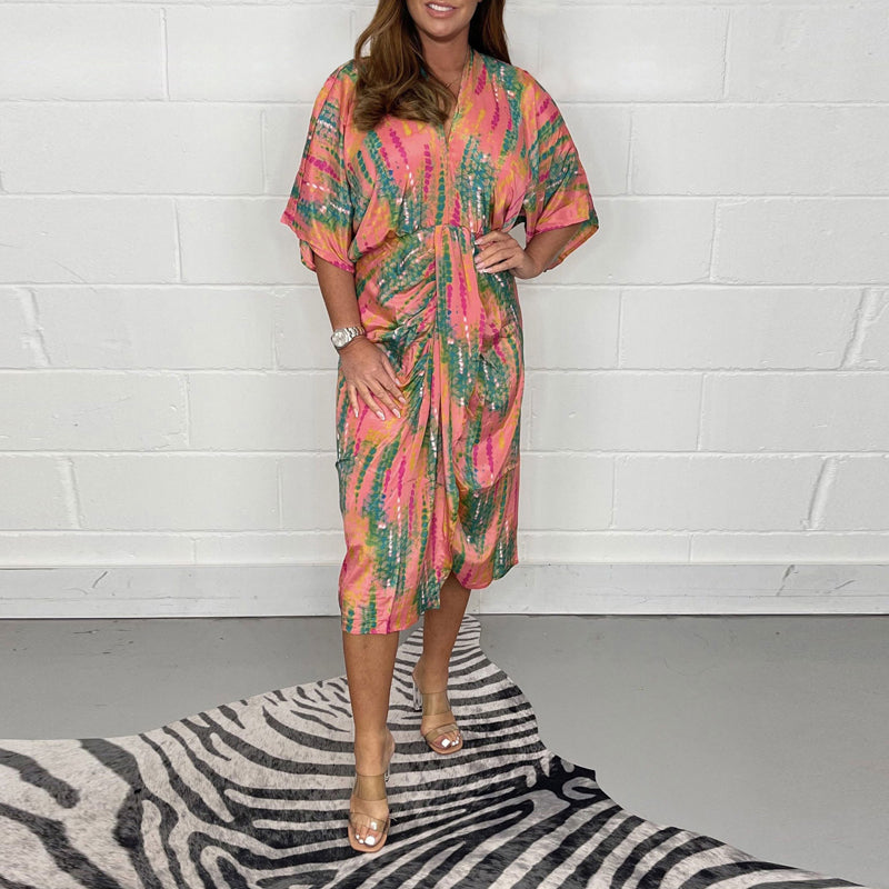 Fashion Print V Neck High Waist Shirt Half Sleeve Irregular Sexy Elegant Party Maxi Dress