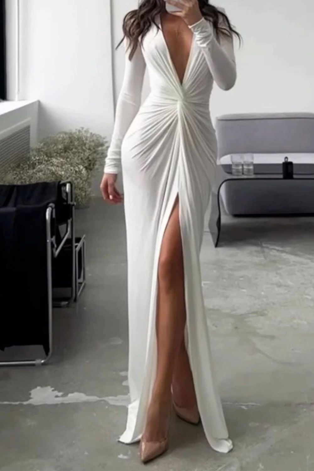 Fashion Sexy Slit V Neck  Slim Fit Pleated Party Maxi Dress