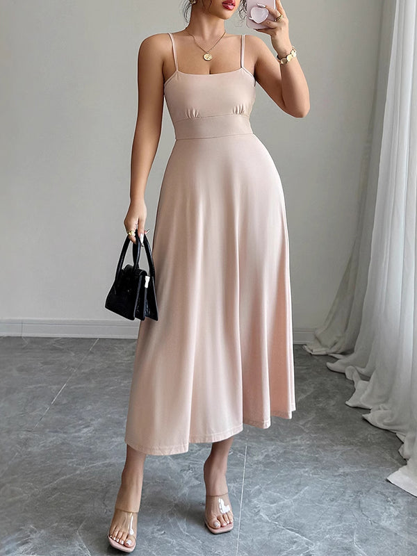 Backless Pleated Solid Color A-Line High Waisted Spaghetti-Neck Midi Dresses