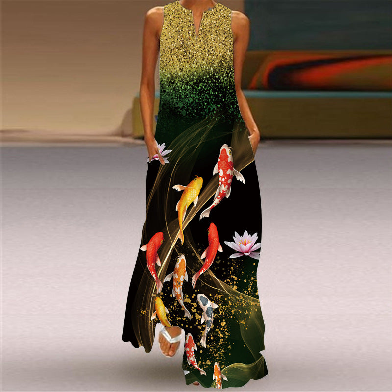 Fashion Sleeveless V Neck Casual Elegant Flower Print Vintage Maxi Dress