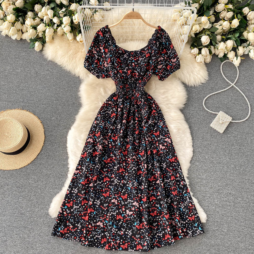 Women's Fashion V Neck Puff Sleeve Floral Print Casual Maxi Dress