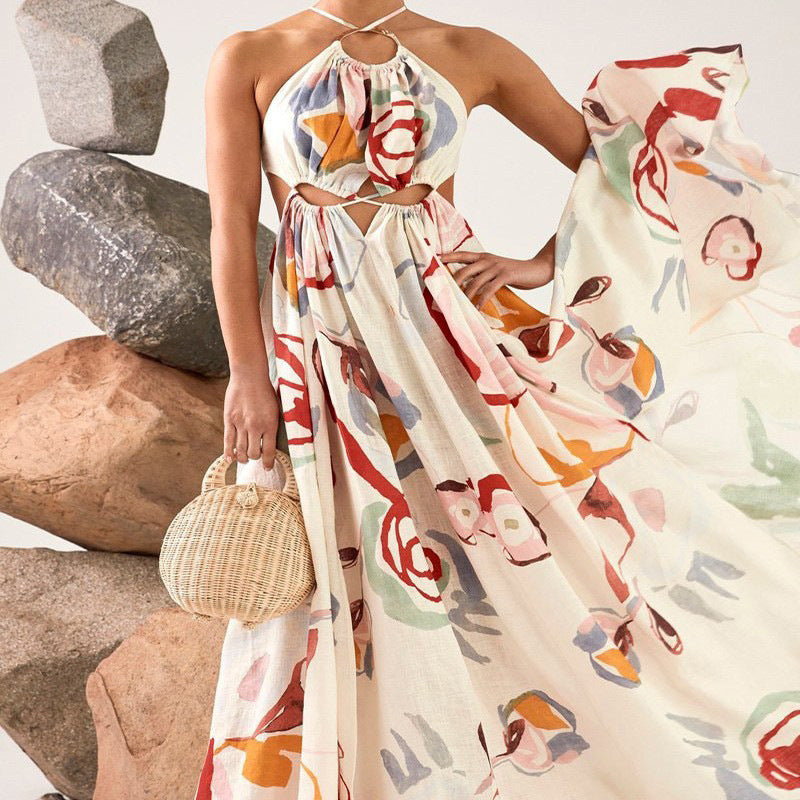 Fashion Sexy Hollow Fashion Floral Sleeveless Halter Neck High Waist Beach Maxi Dress