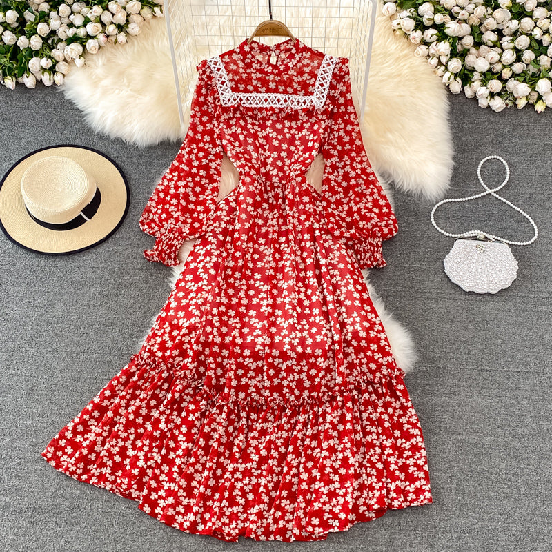 Women's Fashion Stand Collar Long Sleeves Slim Stitching Floral  Maxi Dress