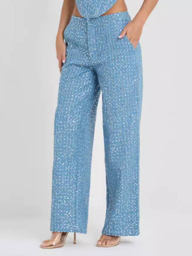 Denim Sequined Tube Top Wide-leg Pants Suit
