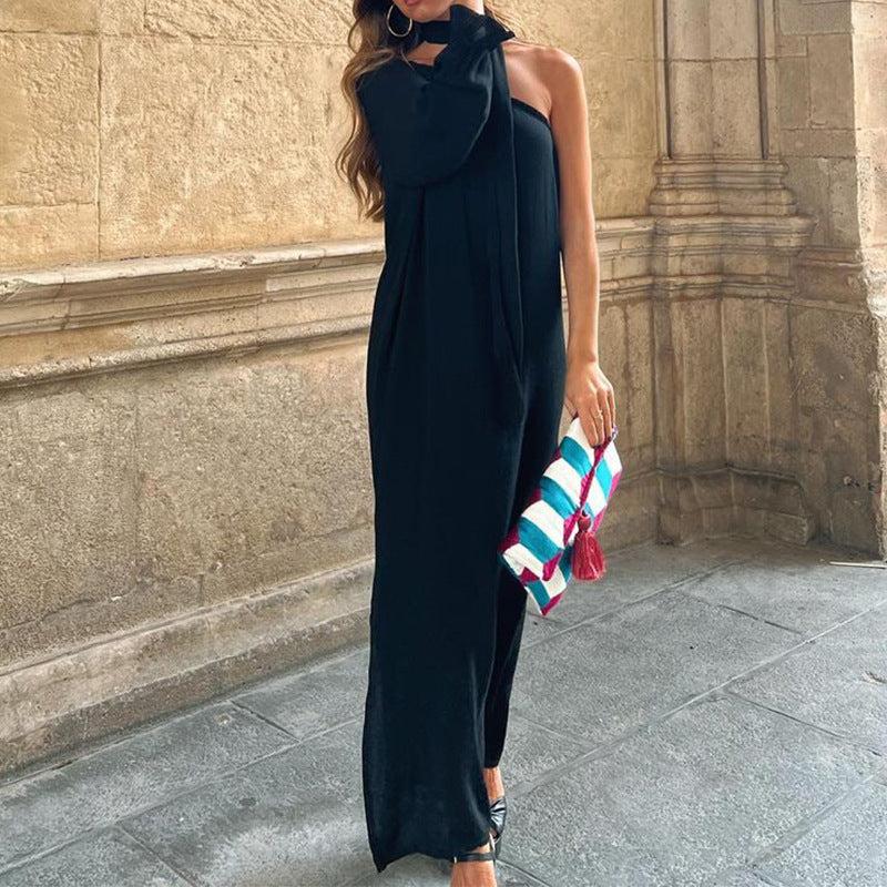 Women's Fashionable Pure Color Slanted Shoulder Sleeve Maxi Dresses