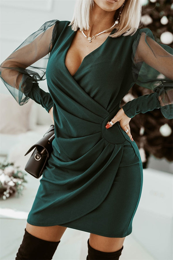 Contrast Mesh Sleeve Wrap Dress