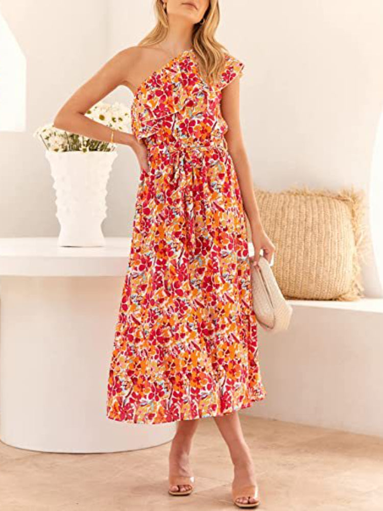 Women's Fashion Floral Ruffles Slanting Shoulder Sexy  Swing  Maxi Dress