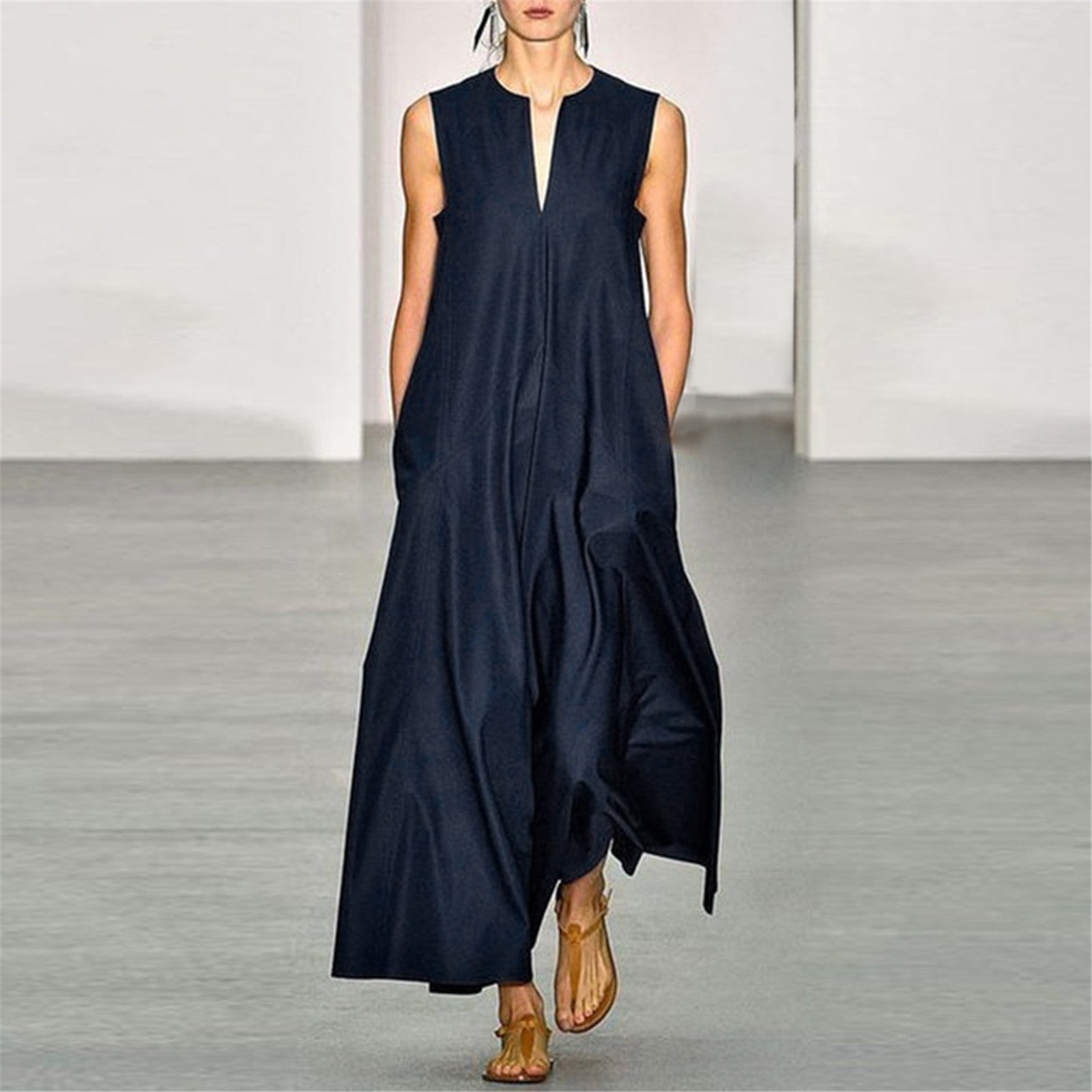 Summer Vintage Solid Color Casual V Neck Backless Party Maxi Dress