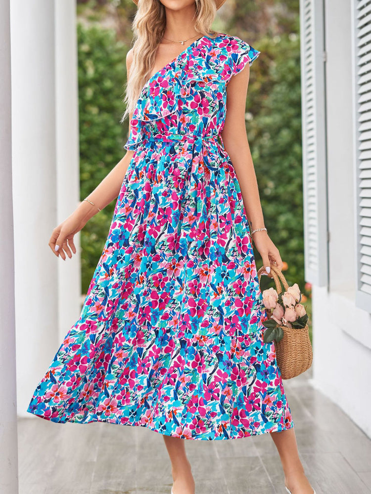 Women's Fashion Floral Ruffles Slanting Shoulder Sexy  Swing  Maxi Dress