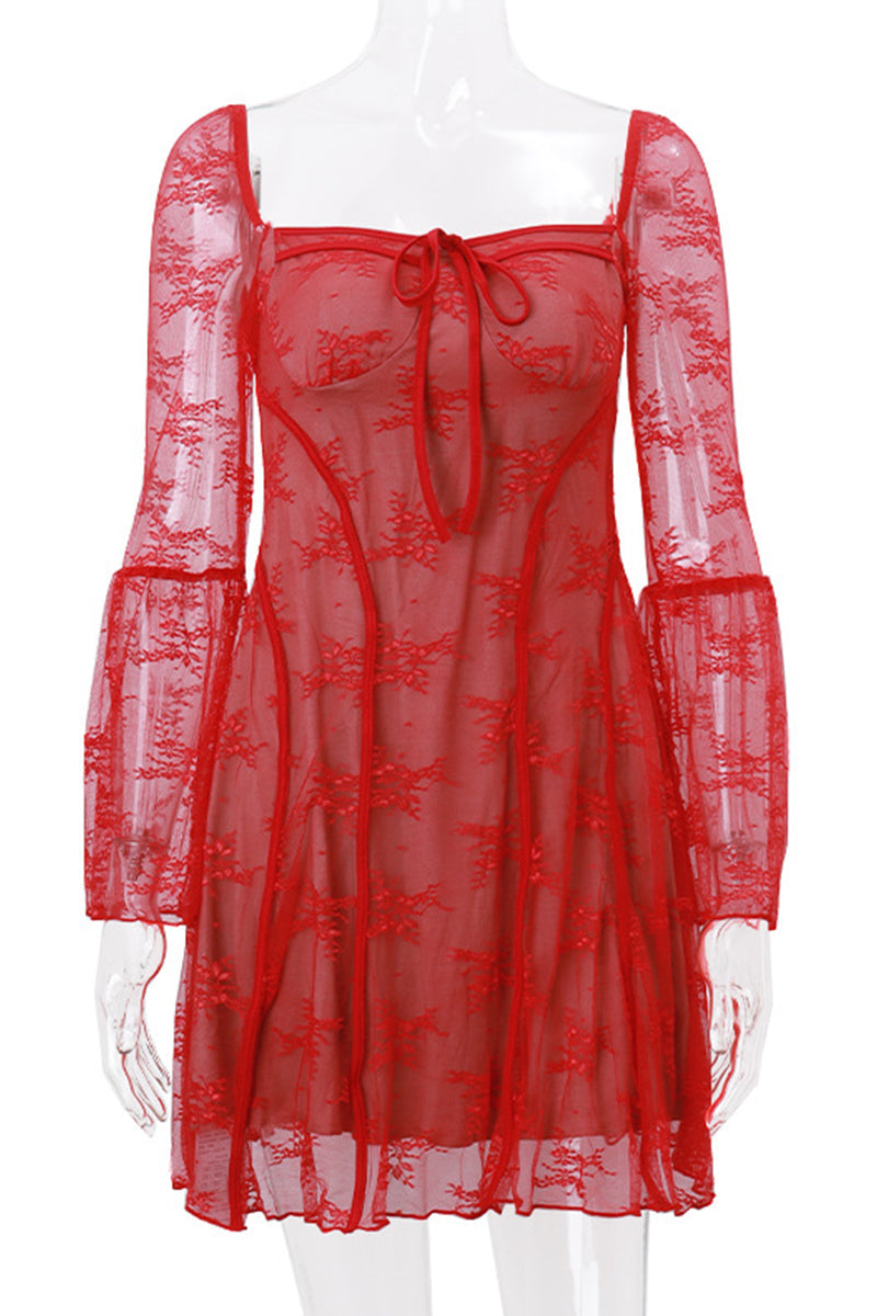 Sexy Lace Lace Up Square Neck A Line Dresses