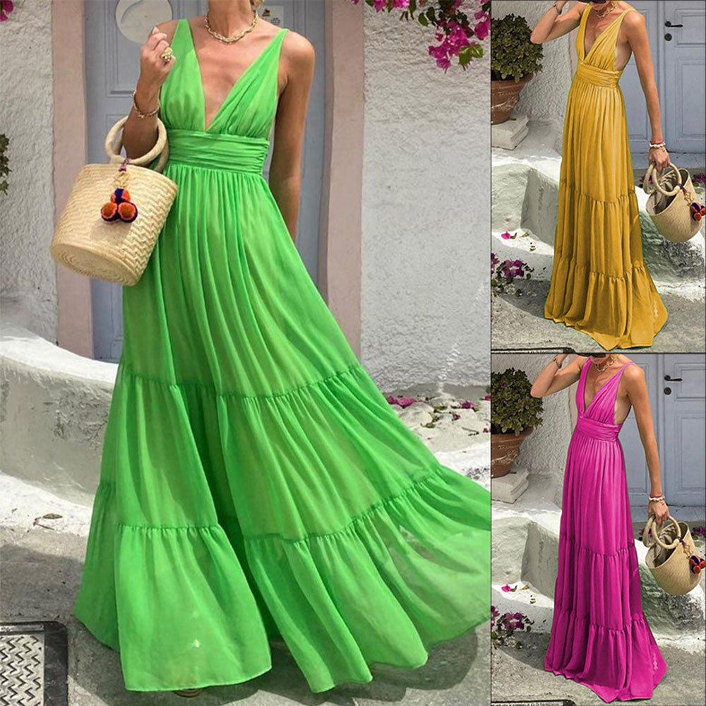 Summer Solid Color Fashion Temperament Sexy V Neck Sleeveless Backless Party Maxi Dress