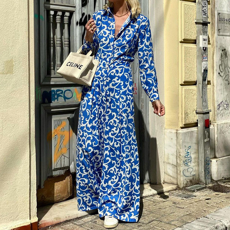 Fashion Femininity Print Lapel Casual Open Button  Maxi Dress