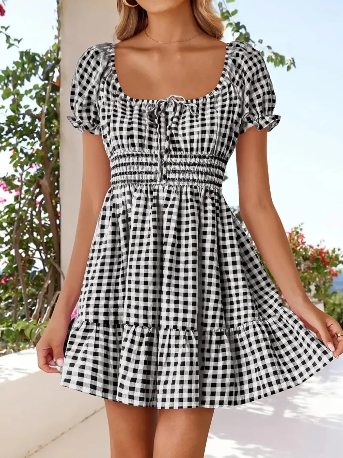 Gingham Smocked Puff Sleeve Summer Dress