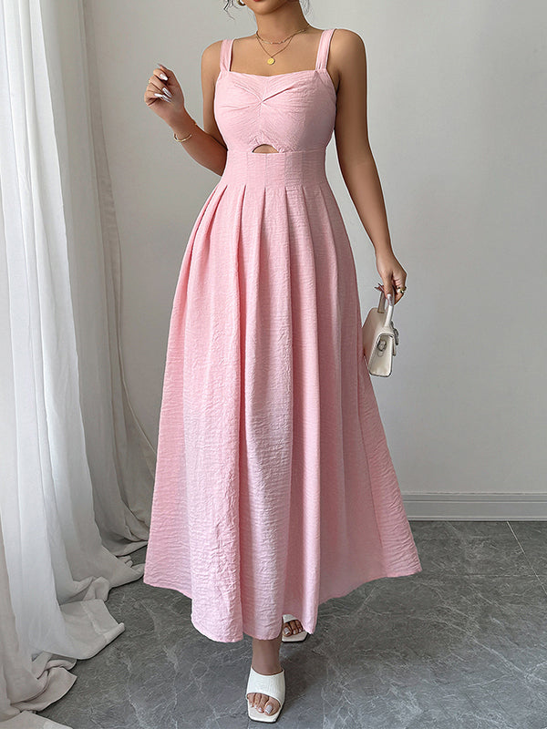 Backless Hollow Pleated Solid Color Zipper A-line High Waisted Spaghetti-Neck Midi Dresses