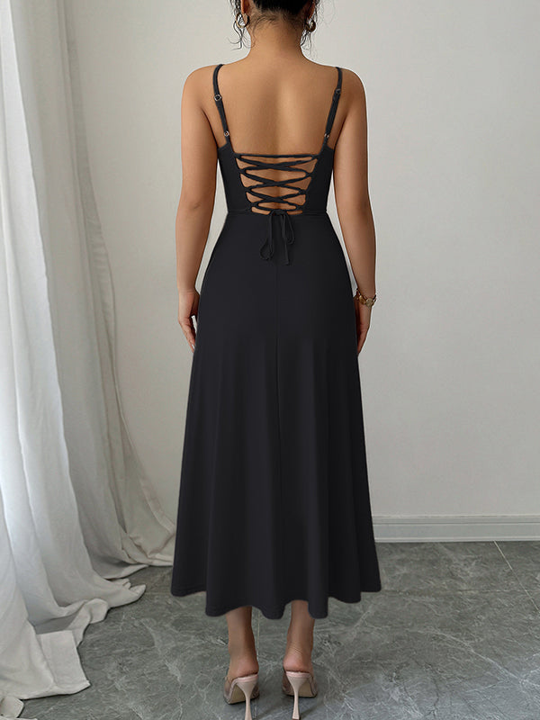 Backless Pleated Solid Color A-Line High Waisted Spaghetti-Neck Midi Dresses