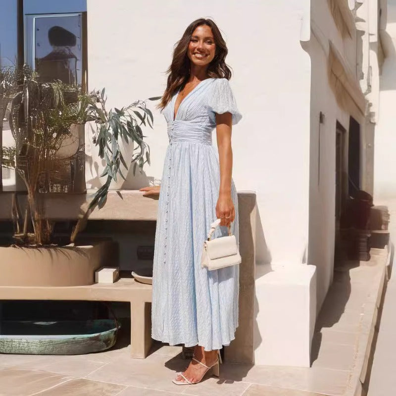 2024 Spring Summer Women's New Solid Color V-Neck Long Bubble Sleeves Large Swing Slim Dress