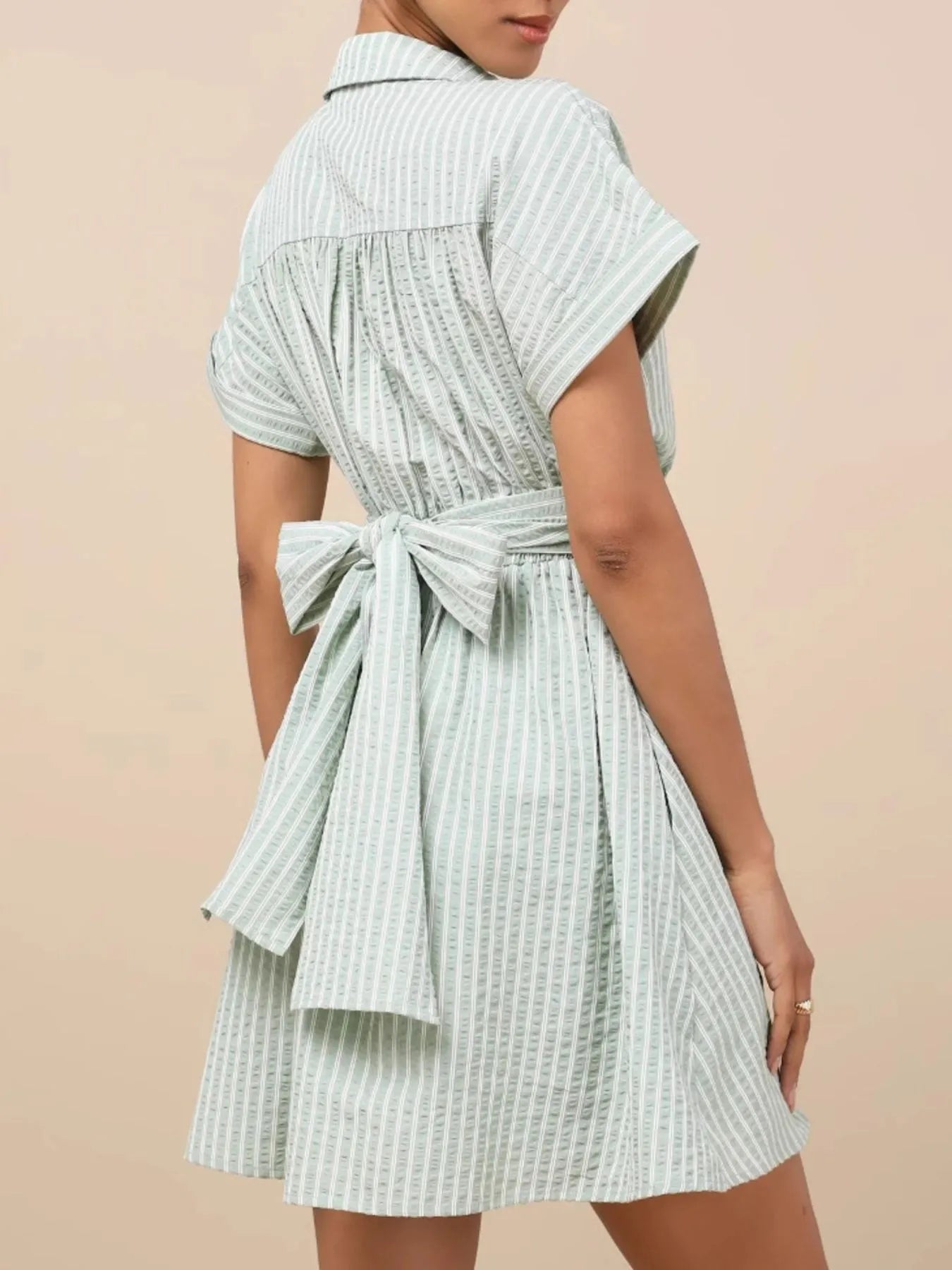 Striped Cutout Front Short Sleeve Shirt Dress