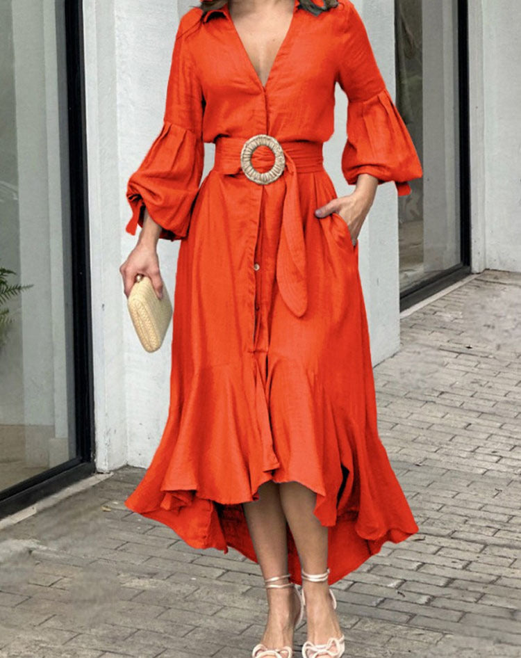Women's Vintage Lapel Lantern Sleeve Lace-Up Blouse Elegant Chic Maxi Dress