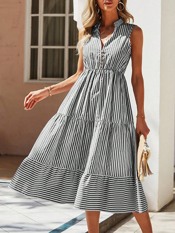 A-Line High Waisted Buttoned Split-Joint Striped V-Neck Midi Dresses