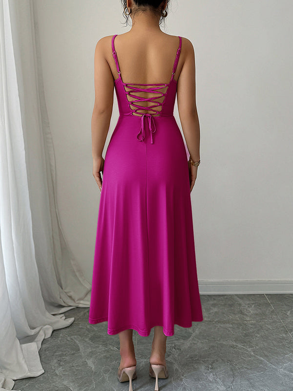 Backless Pleated Solid Color A-Line High Waisted Spaghetti-Neck Midi Dresses