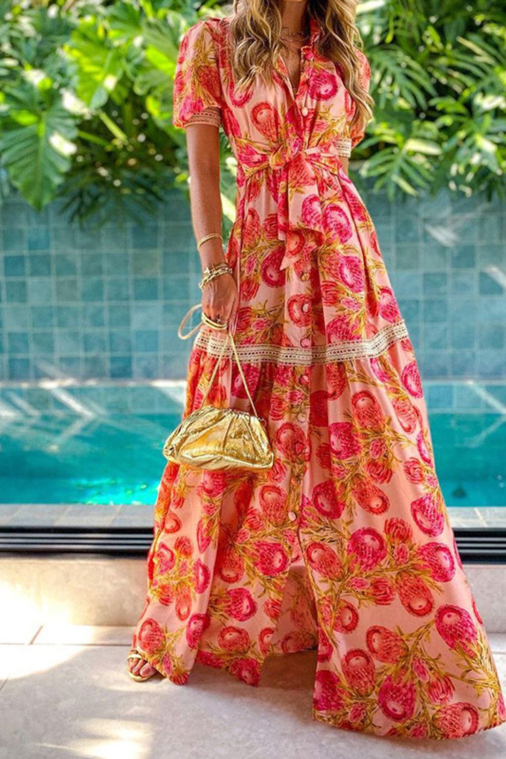 Women's Summer Elegant Fashion Short Sleeve High Waist POLO Neck Printed Maxi Dress