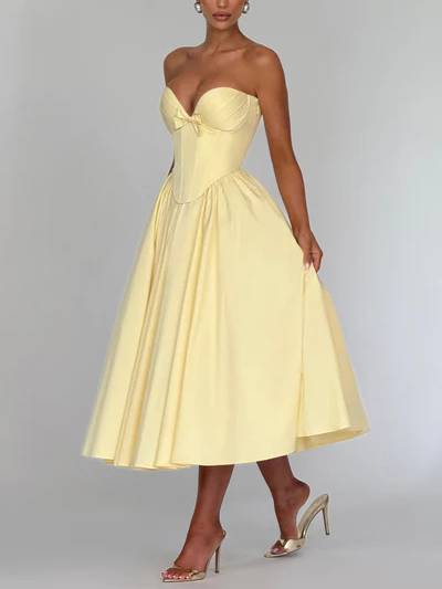 Vintage Strapless Bow A- Line Skirt Midi Dress