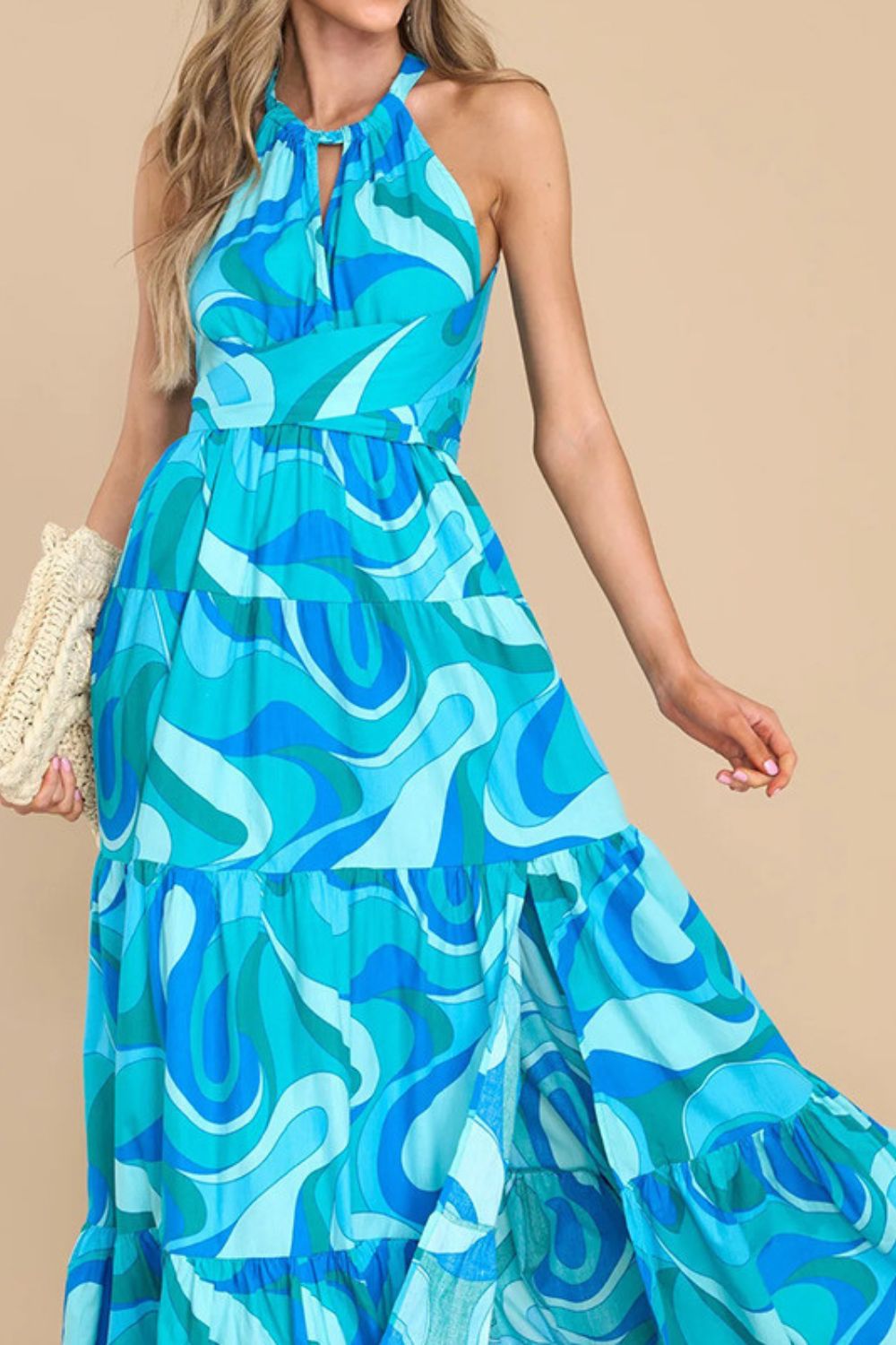Summer Women's Fashion Print Halter Neck Sexy Backless Ruffled Swing Maxi Dress