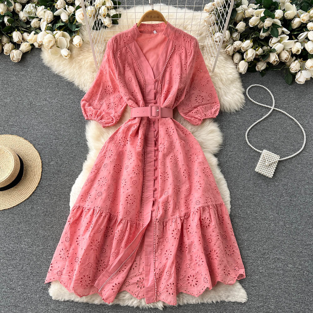 Women's Elegant V Neck Button Ruffle Puff Sleeve Fashion Maxi Dress