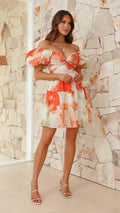 2025 Summer Women's Floral Print Sexy Short Dress - Cutout V-Neck Puff Sleeve Ruffled Hem Elegant Spliced Casual Dress