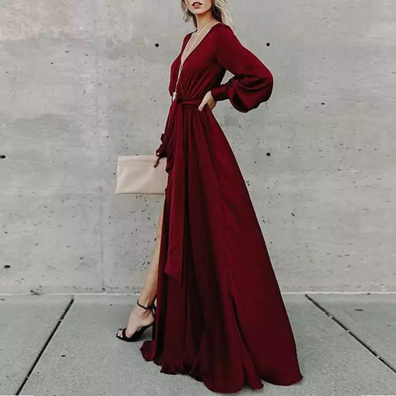 Temperament V Neck Long Sleeve Solid Color Party Elegant  Maxi Dress