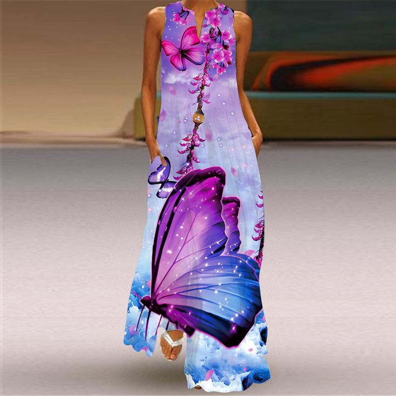 Fashion Sleeveless V Neck Casual Elegant Flower Print Vintage Maxi Dress