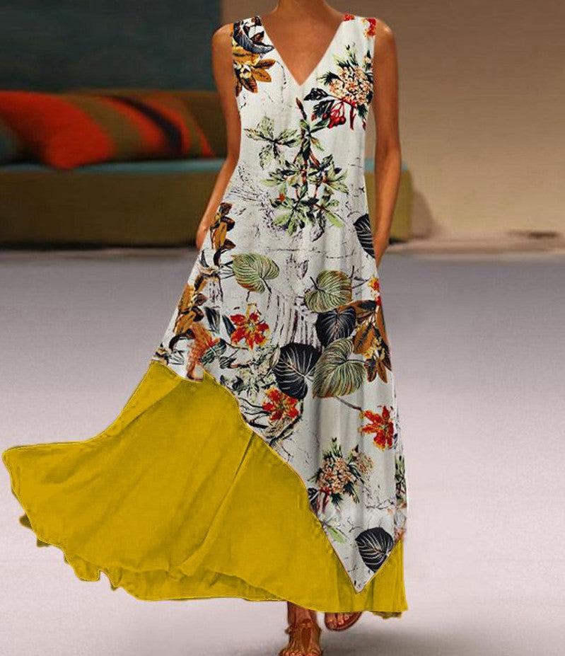 Ladies Printed Sleeveless Two Layer Casual Elegant Maxi Dress