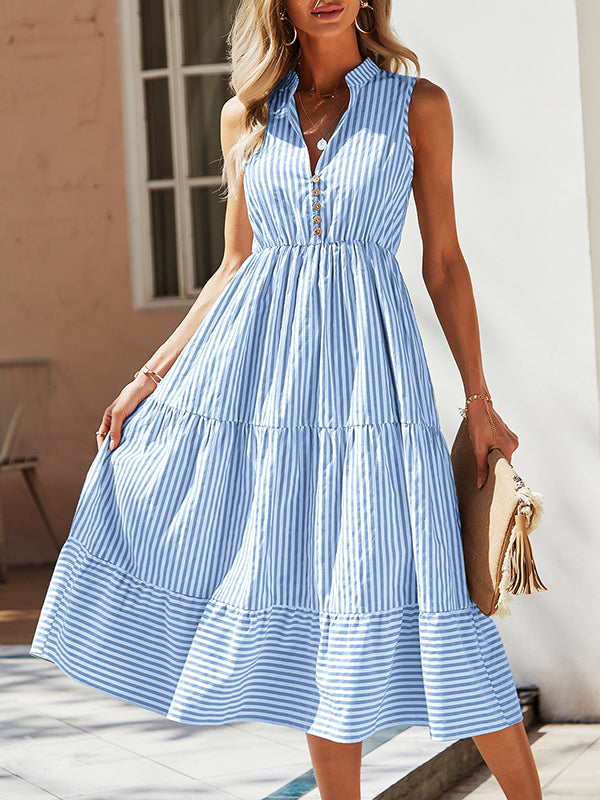A-Line High Waisted Buttoned Split-Joint Striped V-Neck Midi Dresses