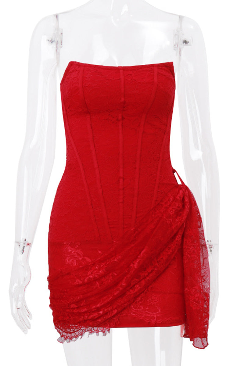 Sexy Lace Ruched Irregular U Neck Lace Dress Dresses(3 Colors)