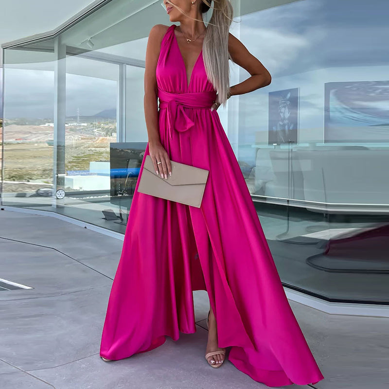 Summer Sexy Lace Up Elegant Strapless Slit Fashion Solid Color Party Maxi Dress