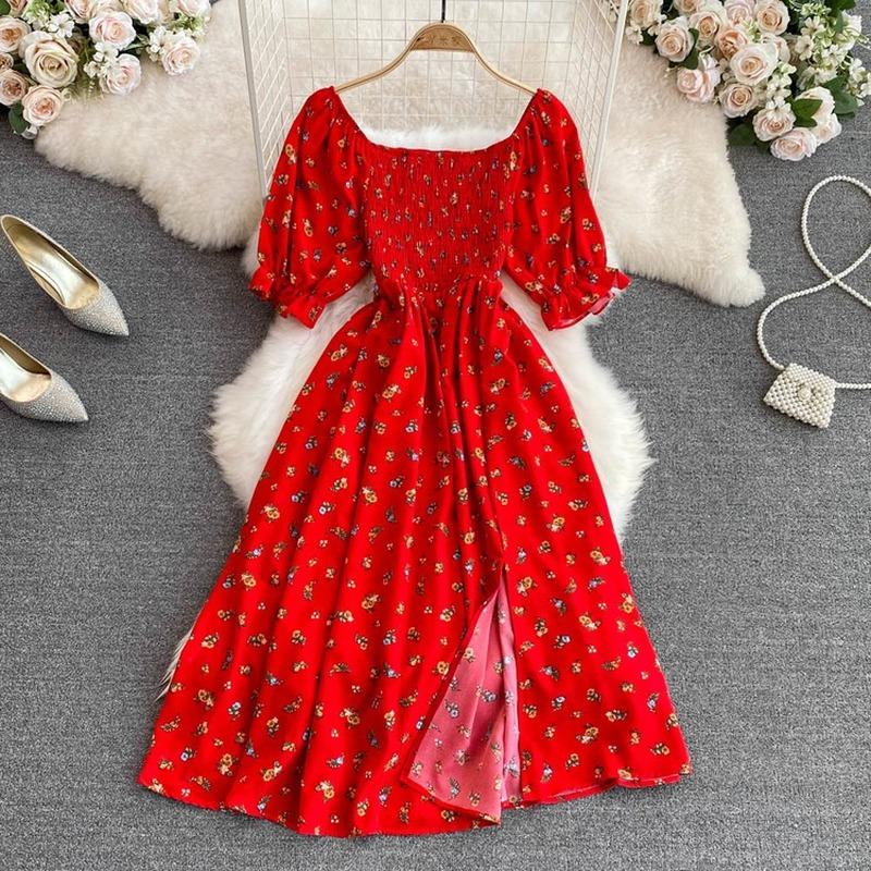 Fashion Floral Summer Square Neck Puff Sleeve Slit Slim Pleated Maxi Dress