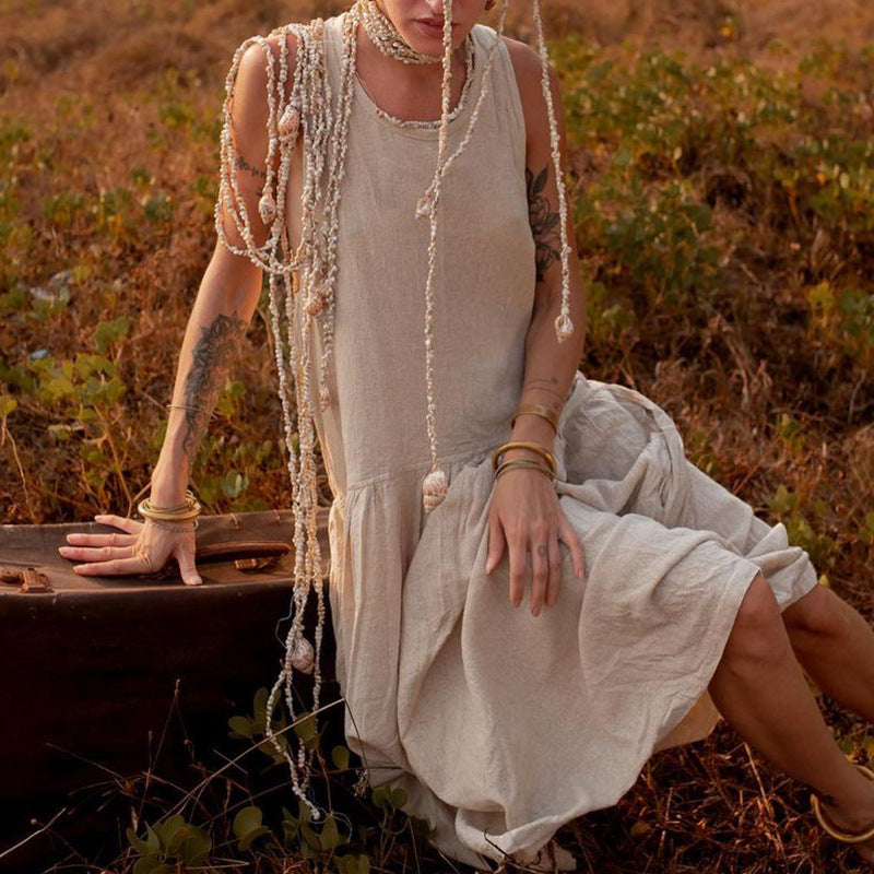 Ladies Casual Temperament Solid Color Sleeveless Strapless Fashion  Maxi Dress