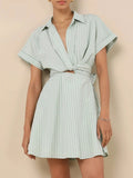 Striped Cutout Front Short Sleeve Shirt Dress