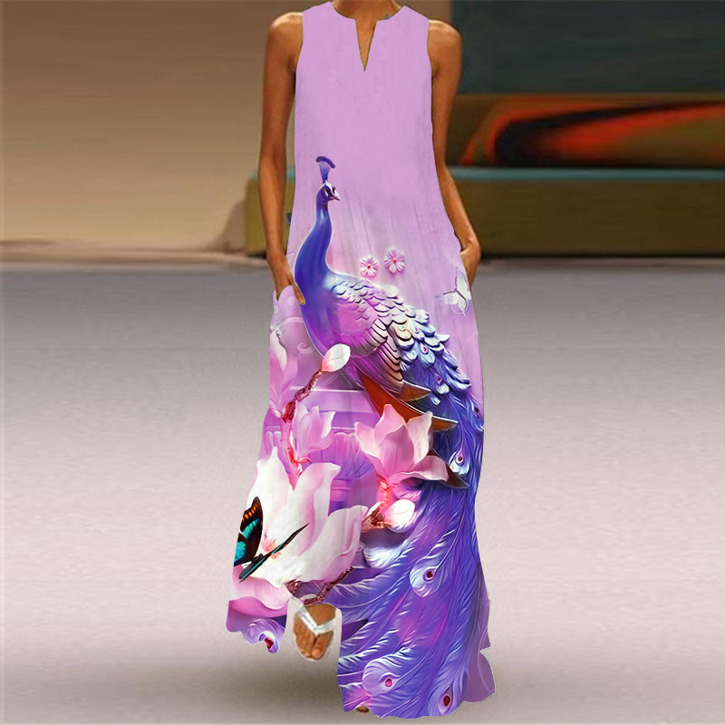 Fashion Sleeveless V Neck Casual Elegant Flower Print Vintage Maxi Dress