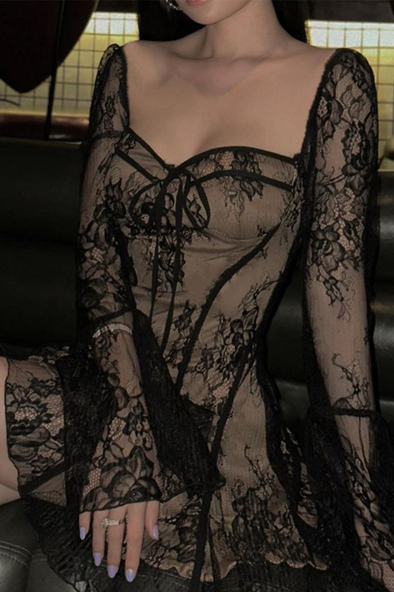 Sexy Lace Lace Up Square Neck A Line Dresses