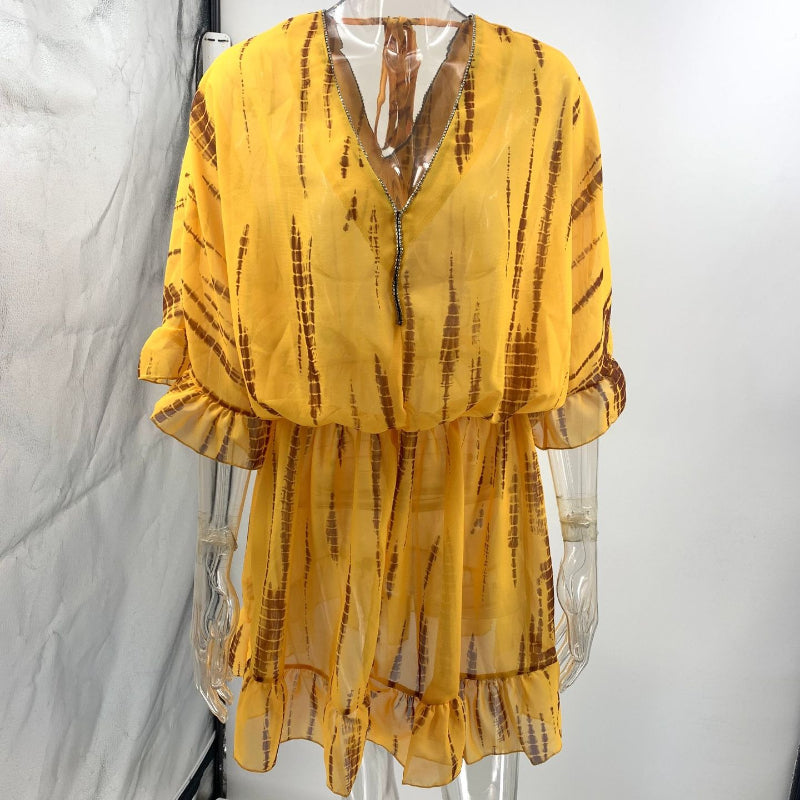 Women's Printed V-Neck Batwing Sleeve Chiffon Mini Dress