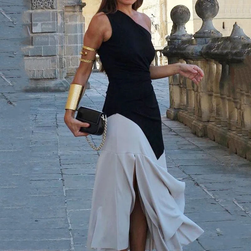 Summer Fashion Elegant Slanted Shoulder Sleeveless Slit Beach Party Maxi Dress