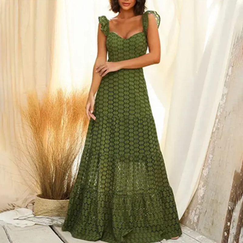 Fashion Sling V Neck High Waist Cutout Boho Vacation Elegant Lace Bustier Maxi Dress