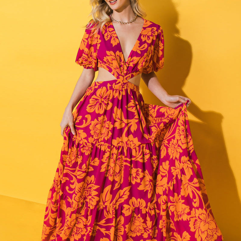 Women Summer Fashion Party Print Sexy Backless Tie Pleated Swing Maxi Dress